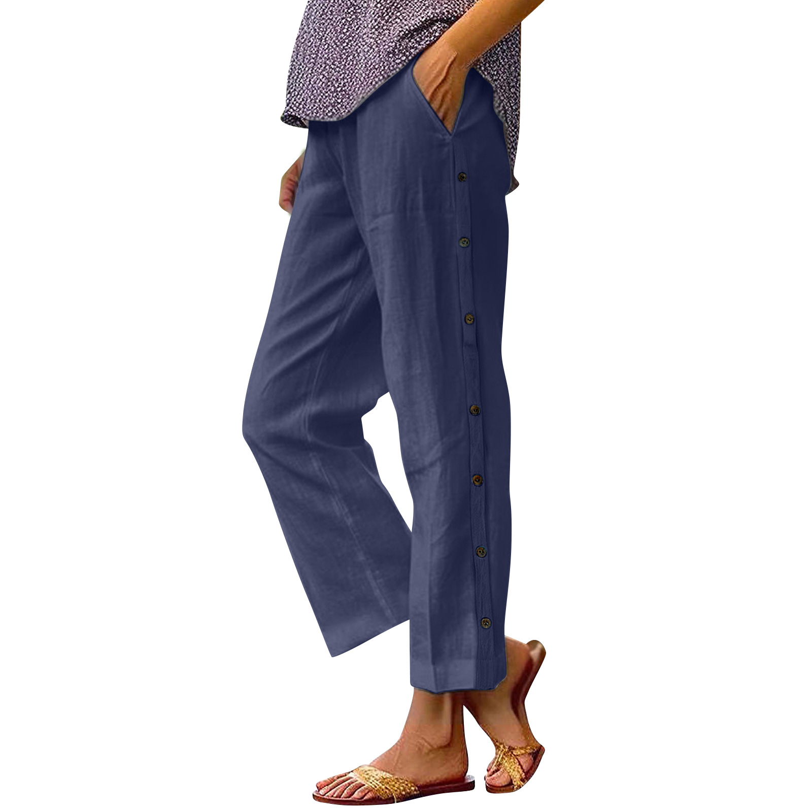 Women's Cotton-Linen Cropped Pants High Waist Loose Side Pocket