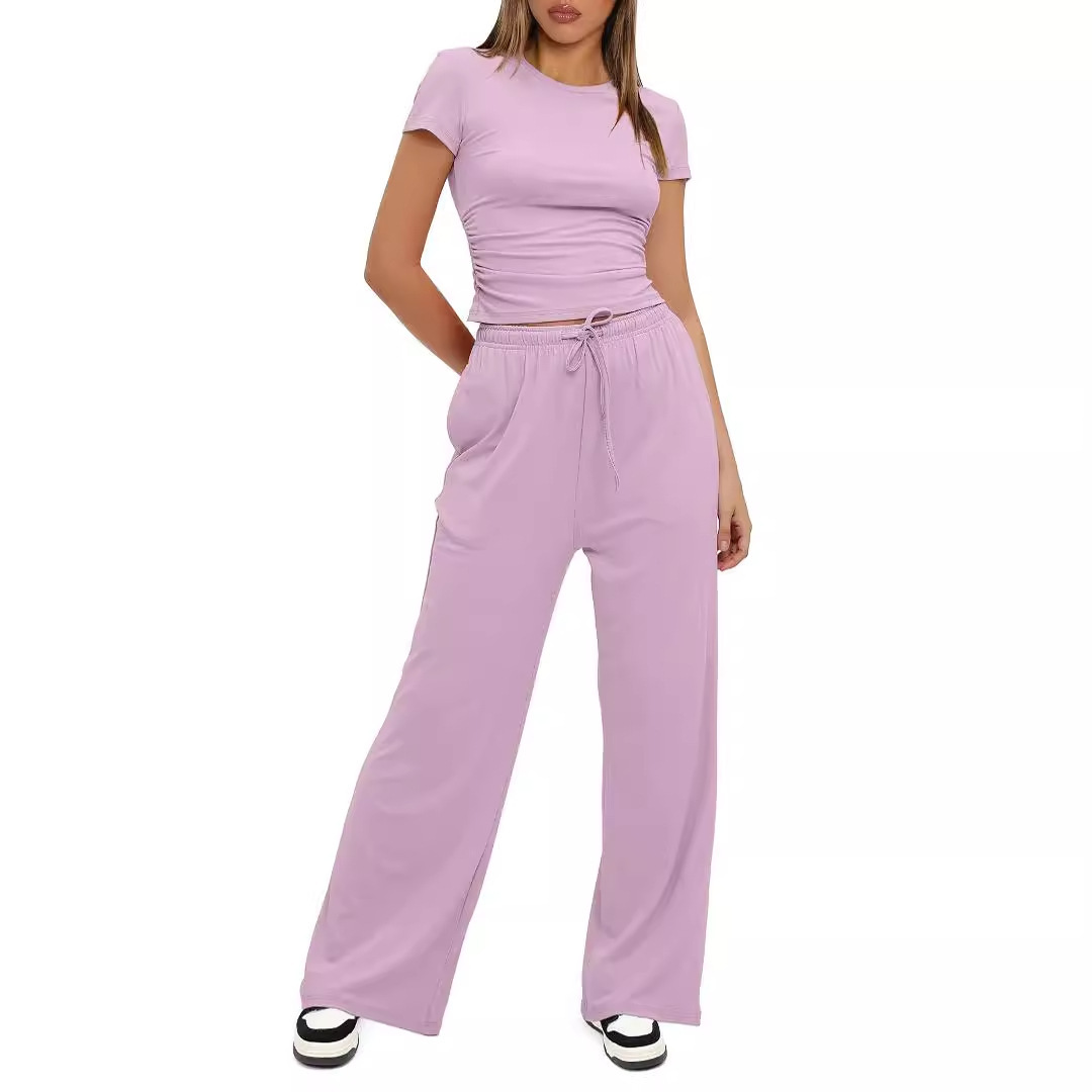 Ruched Short Sleeve Top and High-Waist Wide-Leg Pants Set