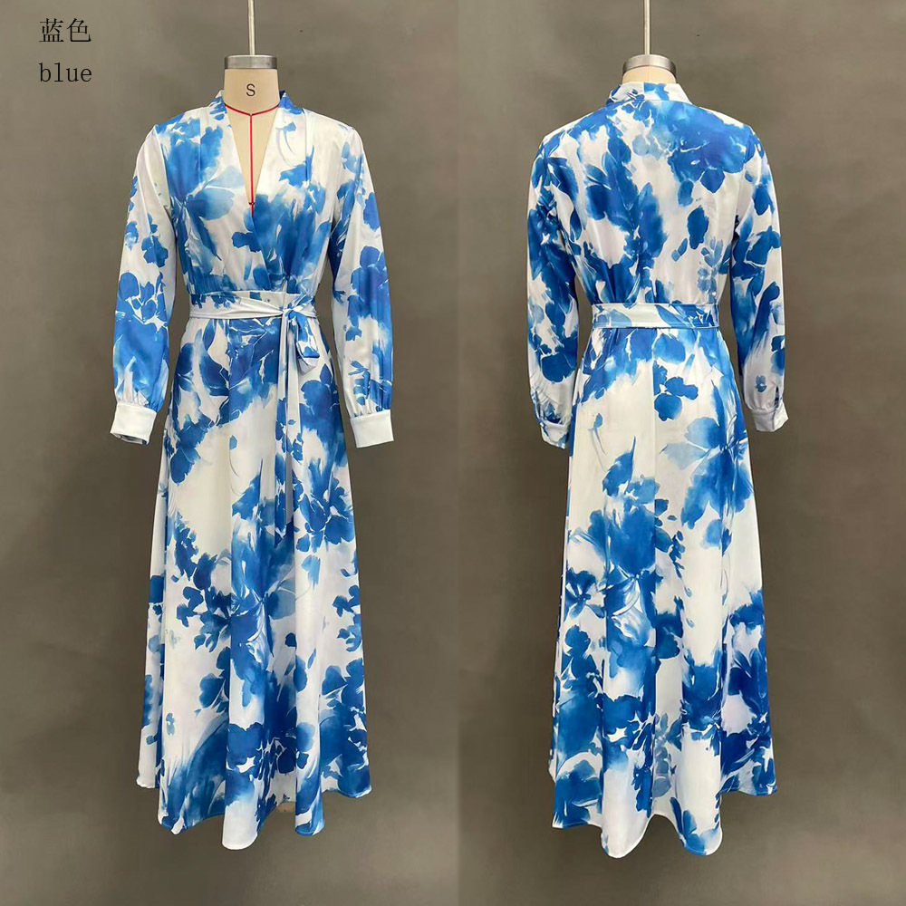 Elegant Floral Print Long Sleeve V-Neck Tie Dress