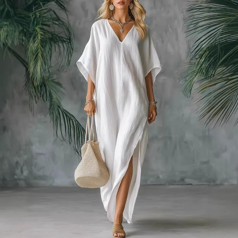 Women's Summer V-Neck Loose Casual Solid Color Dress
