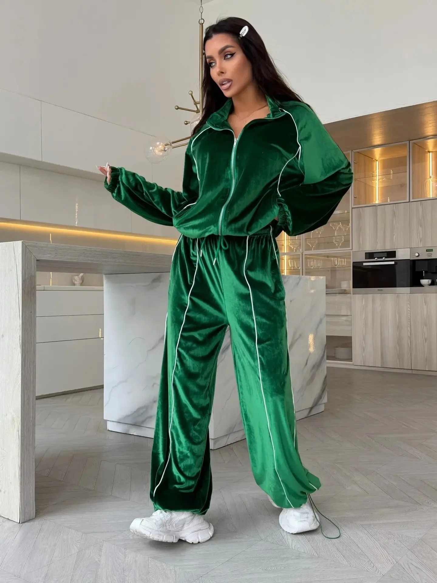 Velvet Striped Track Set with Zip-Up Stand Collar Jacket and Drawstring Wide-Leg Pants