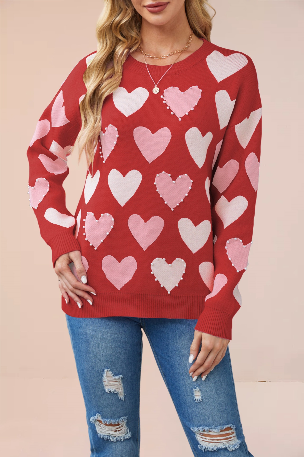 Beaded Heart Crewneck Knit Sweater for Women