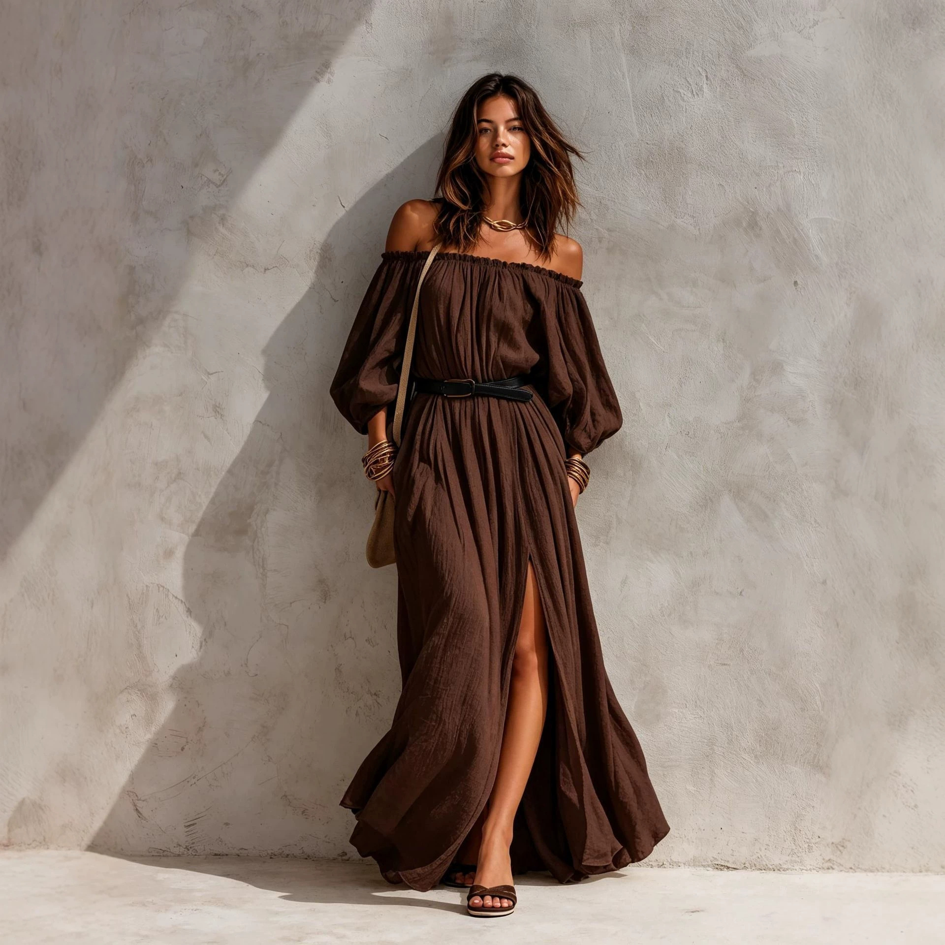 Women's Off-Shoulder Long Sleeve Slit Midi Dress