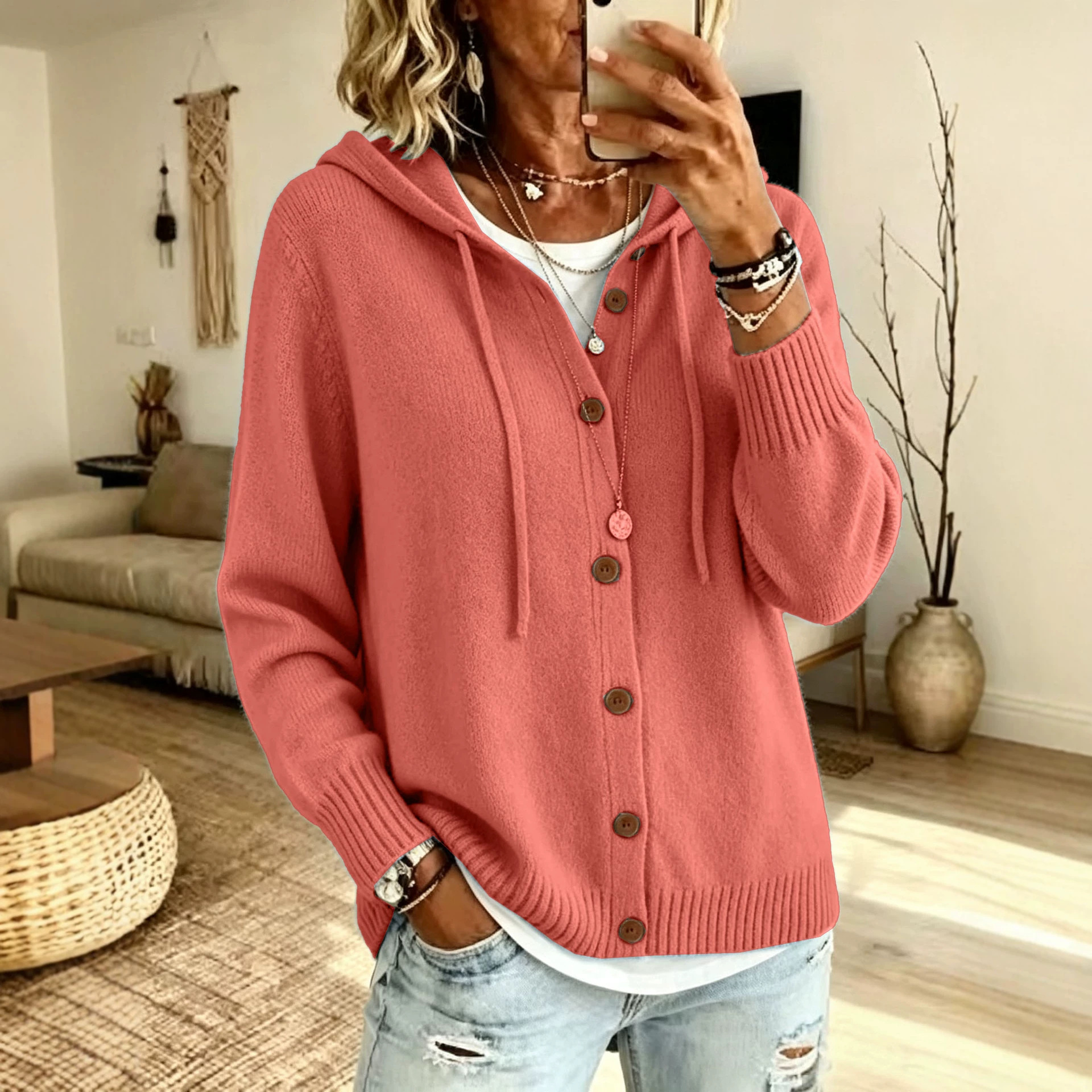 Women's Knit Hooded Drawstring Cardigan Sweater with Buttons