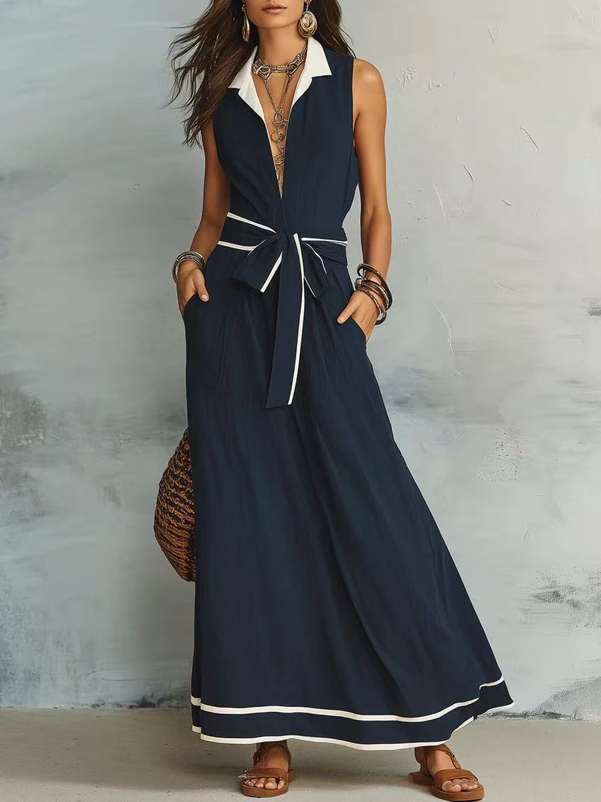 Sleeveless V-Neck White Trim Tie-Waist A-Line Dress
