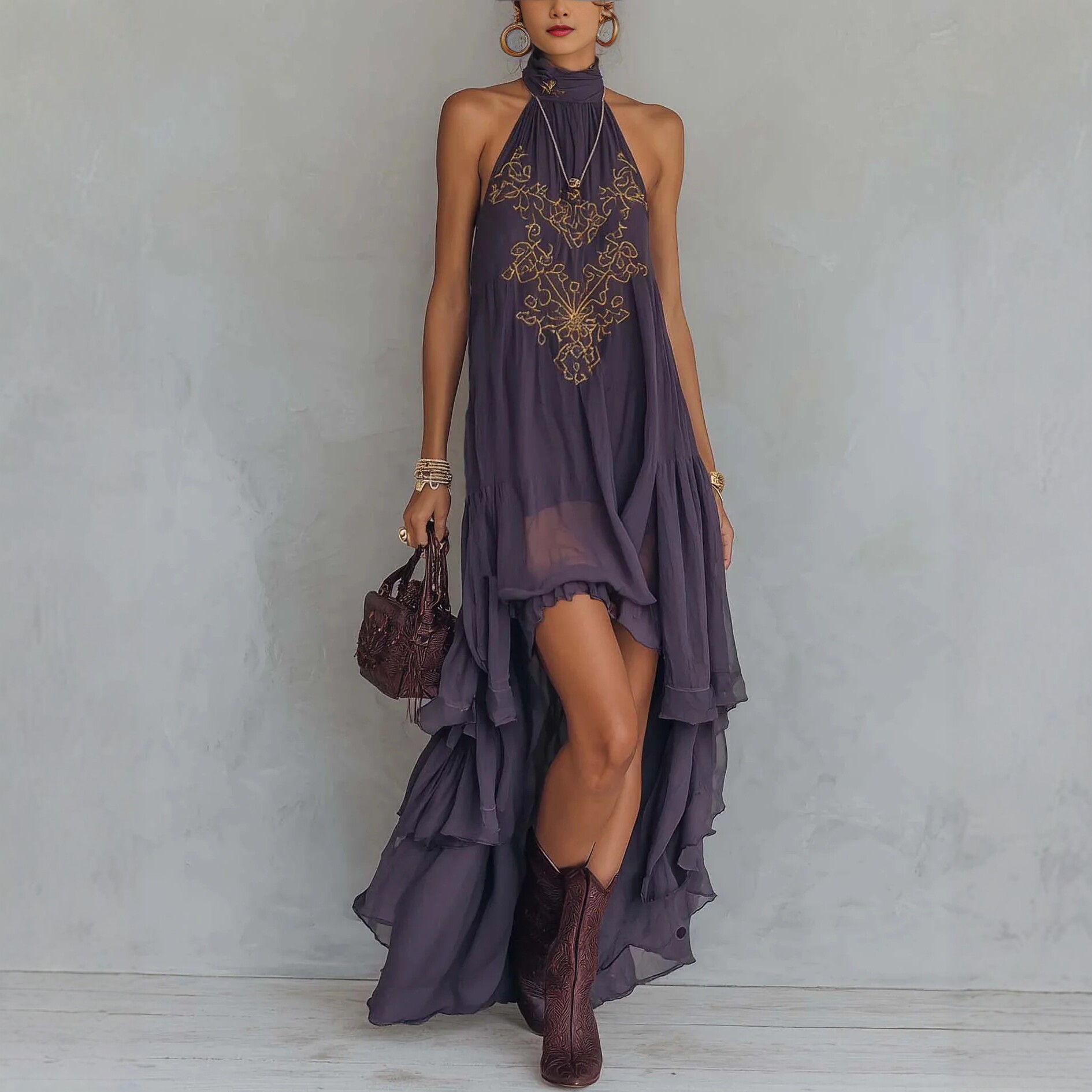 Purple Embroidered Halter Neck Sleeveless Ruffled Long Dress