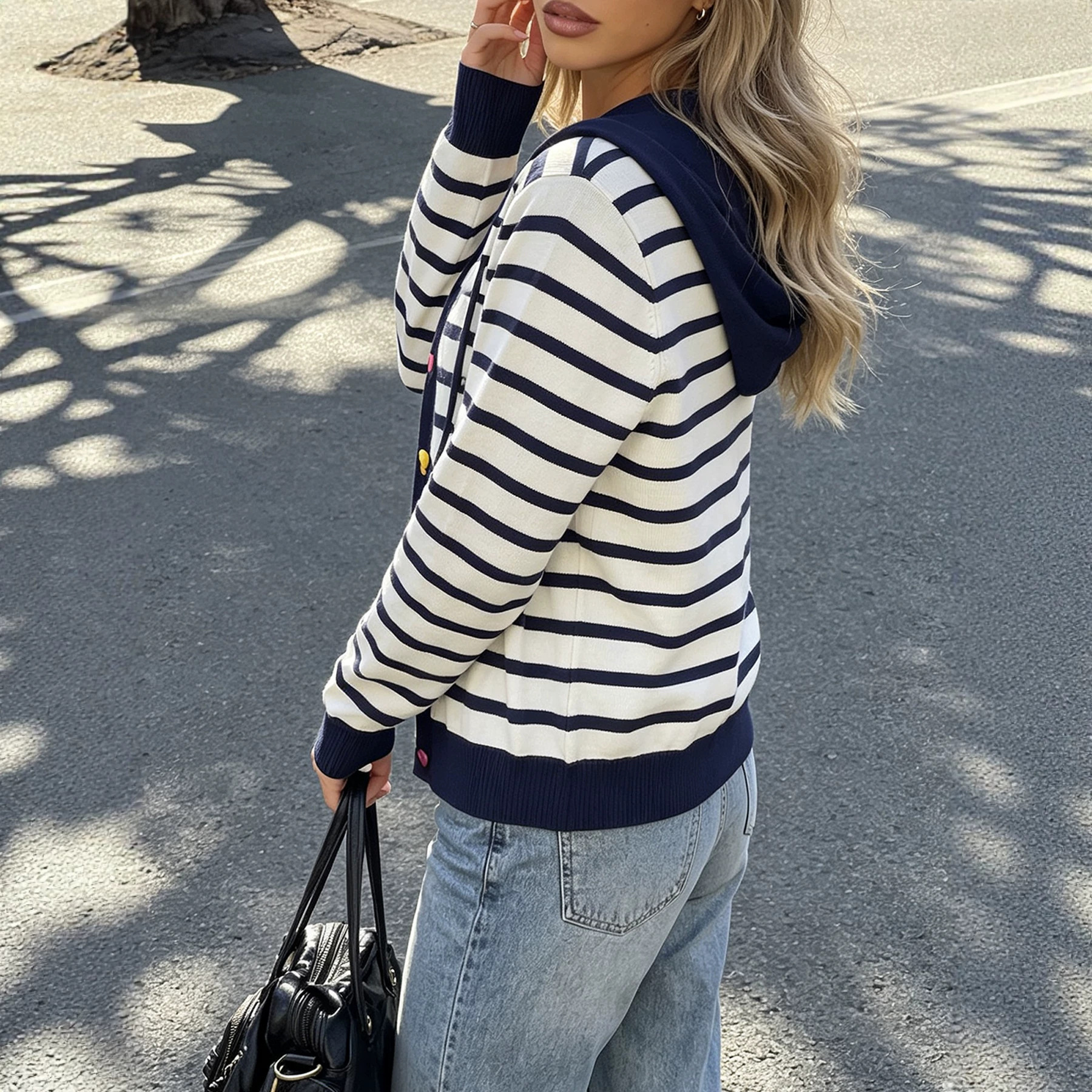 Striped Hooded Knit Cardigan with Heart Drawstring