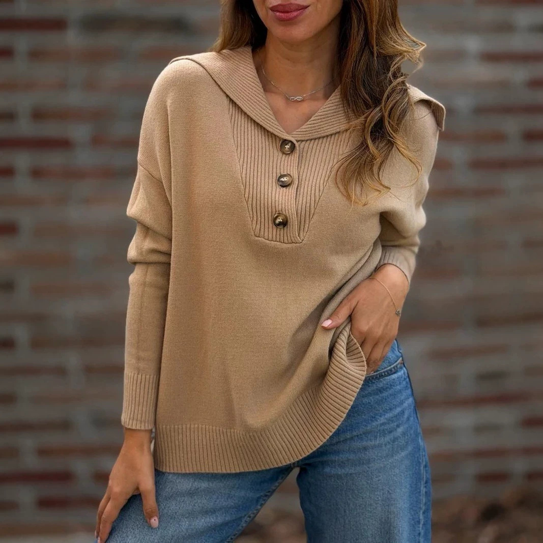 Button-Front Collared Loose Long-Sleeve Solid Sweater