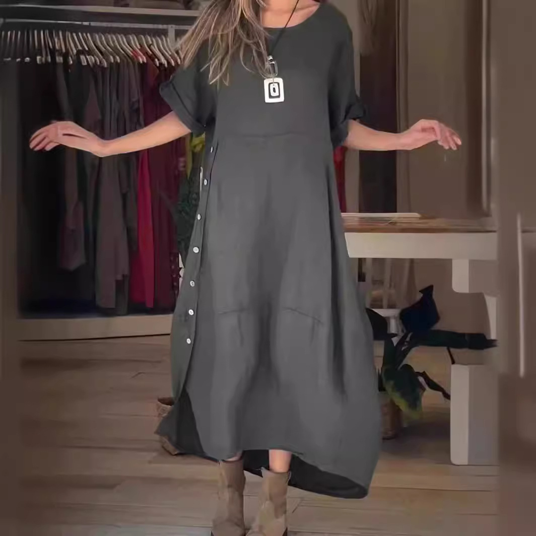 Women's Summer Loose Casual Solid Short Sleeve Cotton Linen Dress