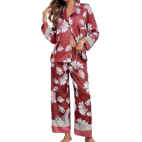 Cuban Collar Floral Coin Leopard Leaf Print Long Sleeve Women's Set