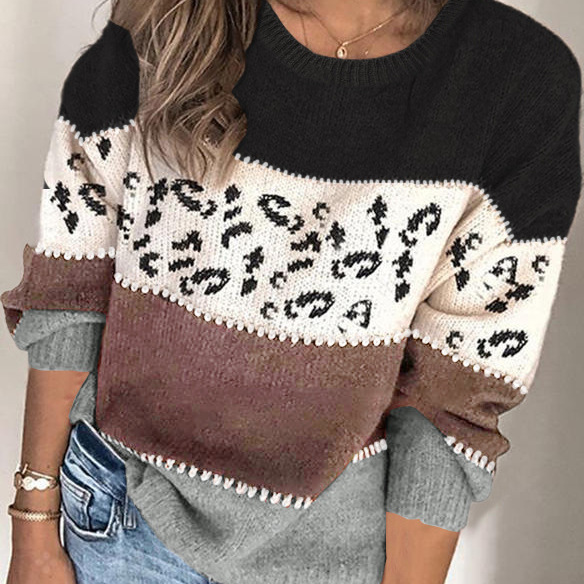 Leopard Print Patchwork Knit Pullover Sweater