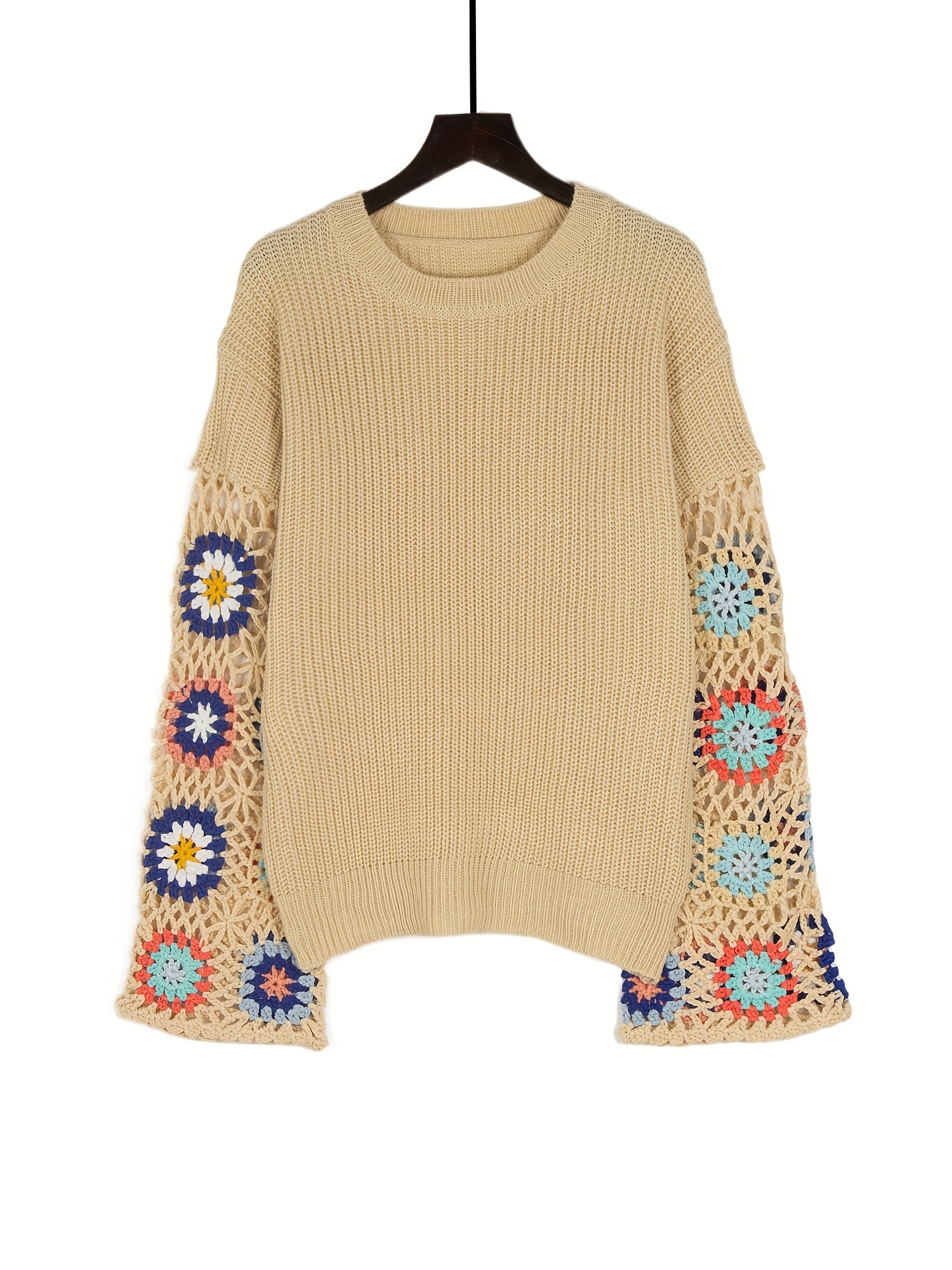 Women's Crochet Flared-Sleeve Pullover Sweater with Hollow-Out Colorblock Design
