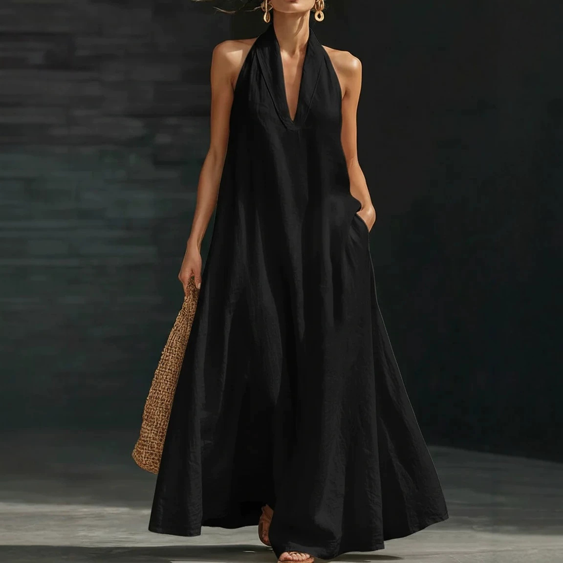 Women's Casual Solid V-Neck Long Dress