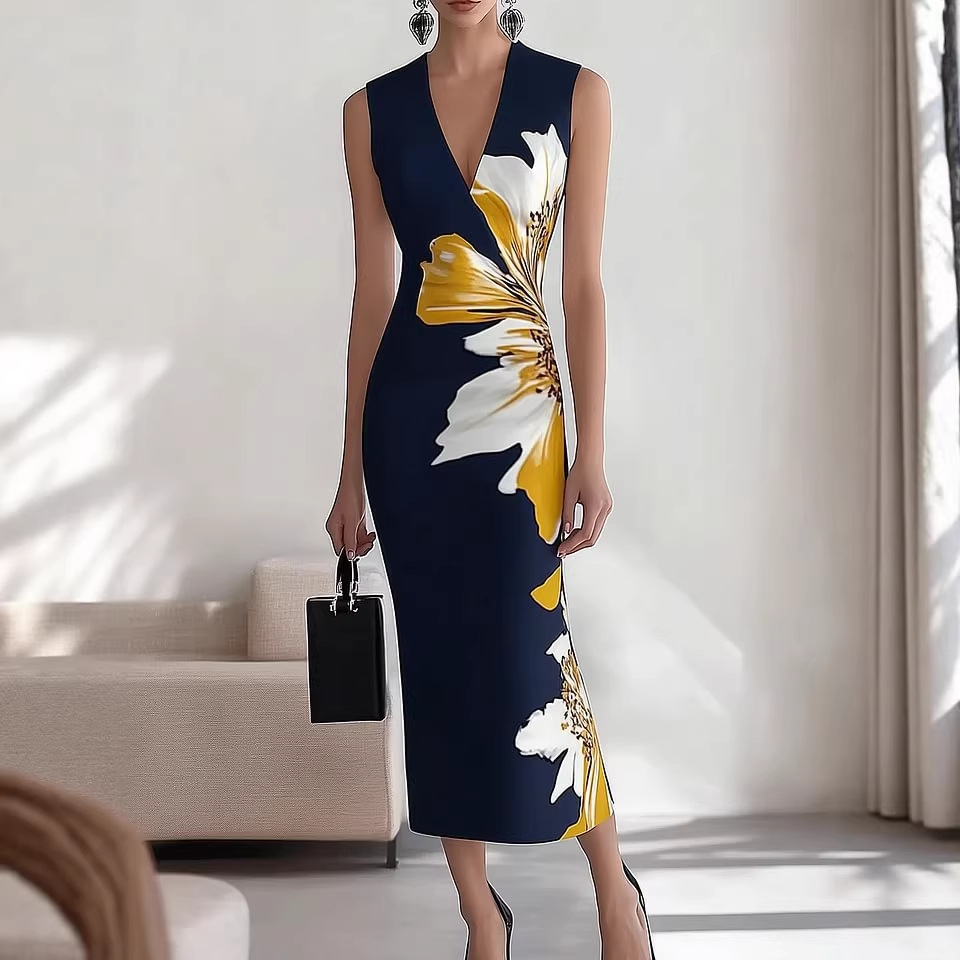 V-Neck Sleeveless A-Line Maxi Dress with Digital Print