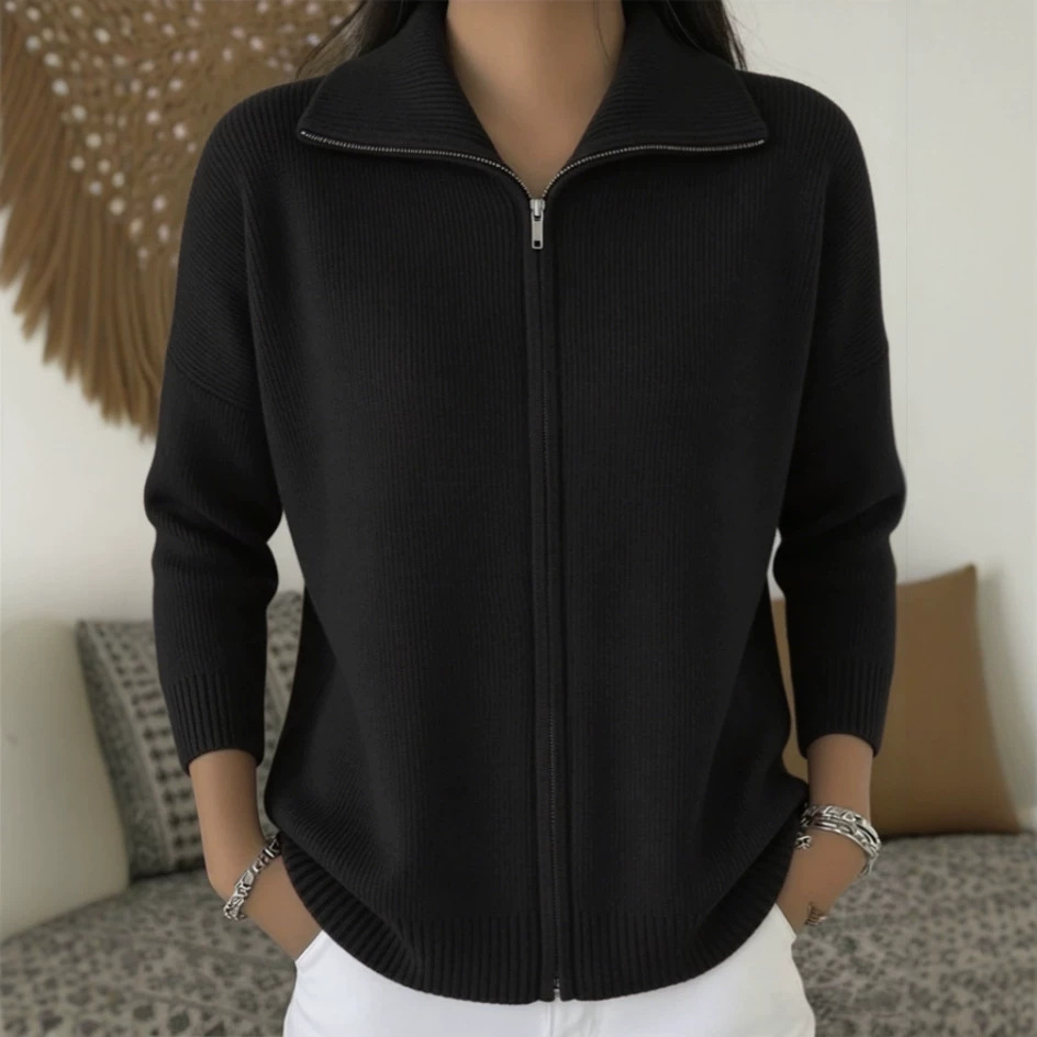 Women's Zip-Up Knit Cardigan Sweater with Collar, Solid Color, Loose Fit