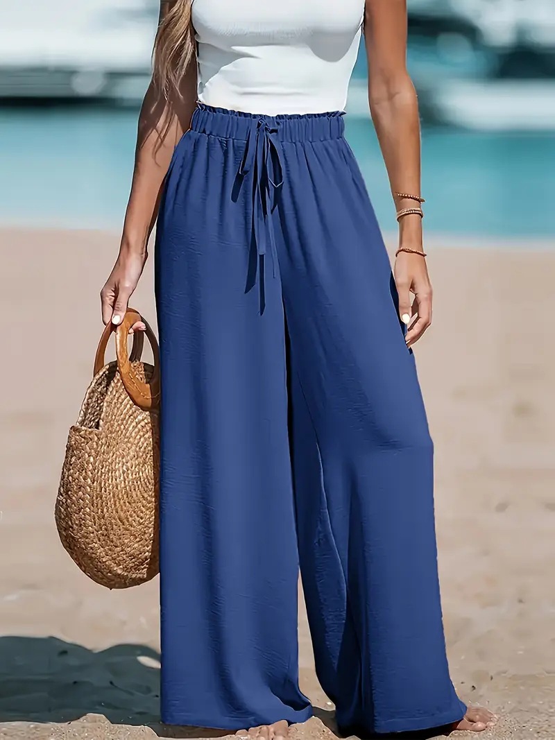Women's Wide-Leg Polyester Casual Solid Color Long Pants