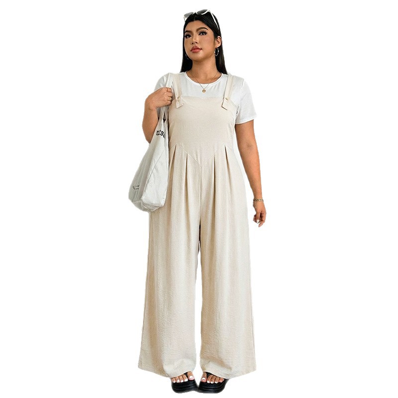Women's Plus Size Beige Wide-Leg Jumpsuit with Straps