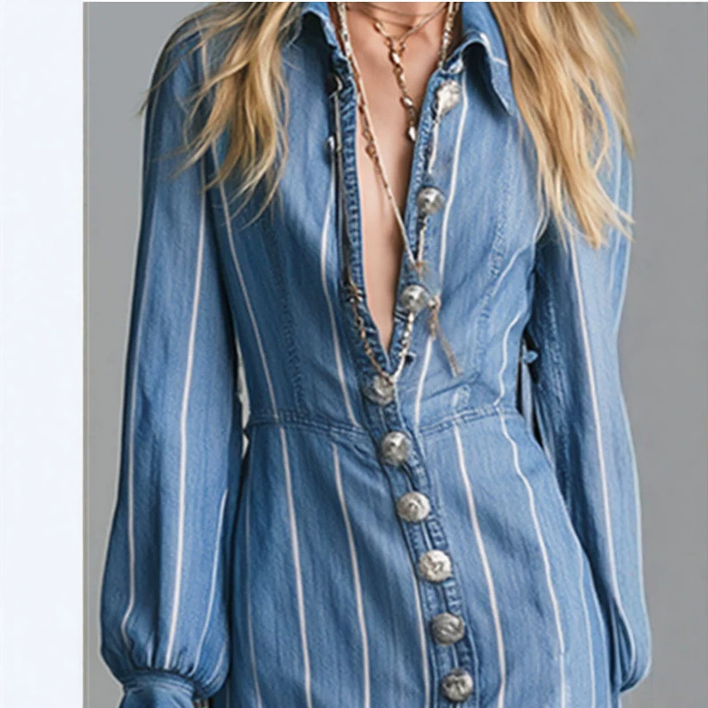 Blue Striped Button-Front Long Sleeve Maxi Dress