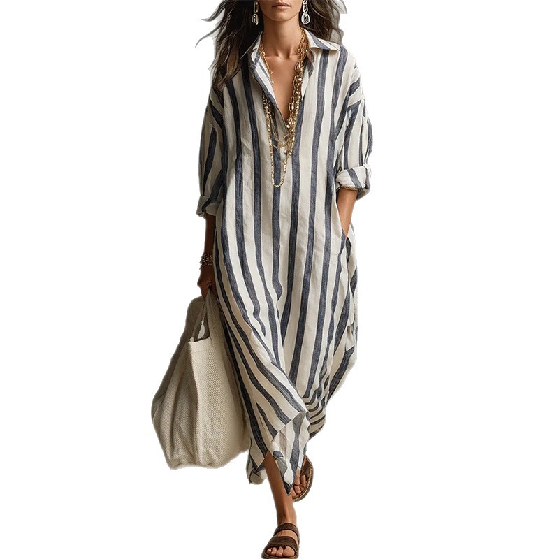 Striped V-Neck Long Dress Casual Commute Loose Fit