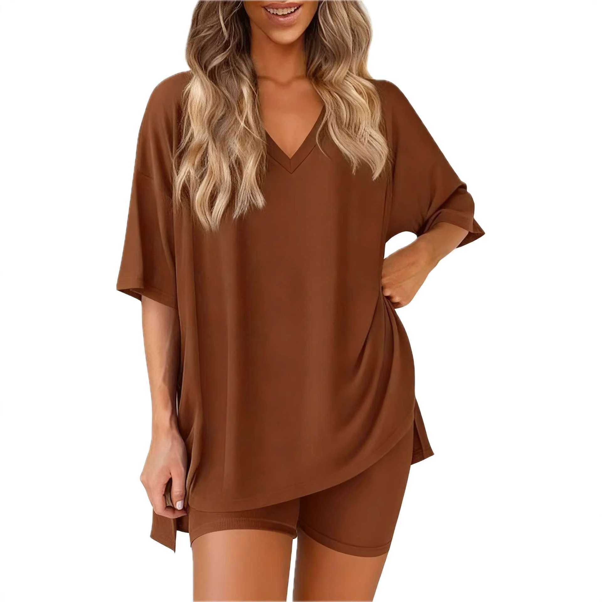 V-Neck Solid Color Loose Loungewear Set