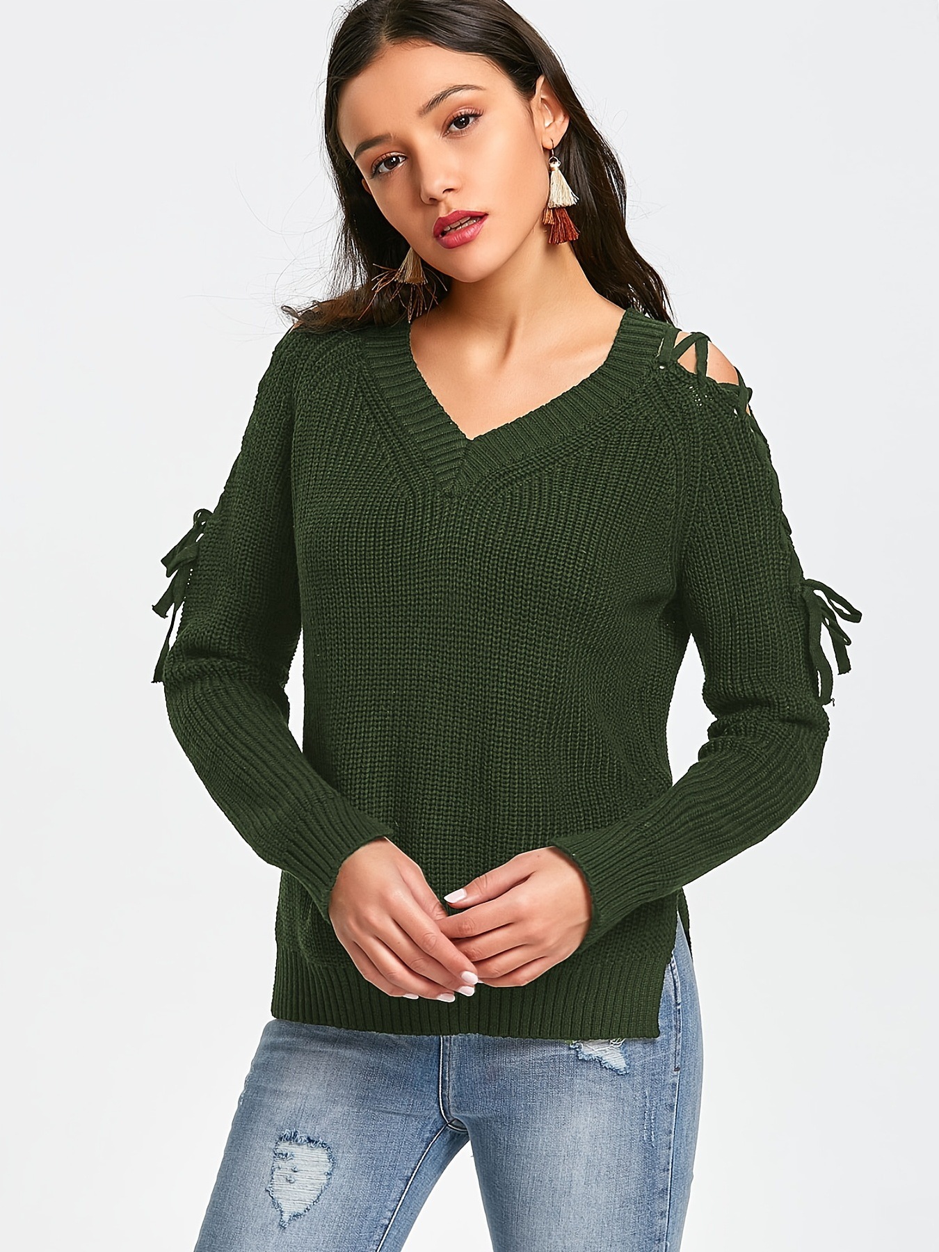 Women's Hollow-Out Knit Sweater V-Neck Lace-Up Long Sleeve Pullover