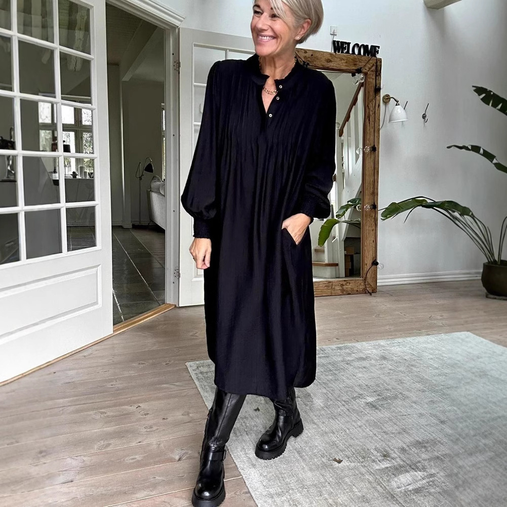 Solid Button-Neck Long-Sleeve Maxi Dress
