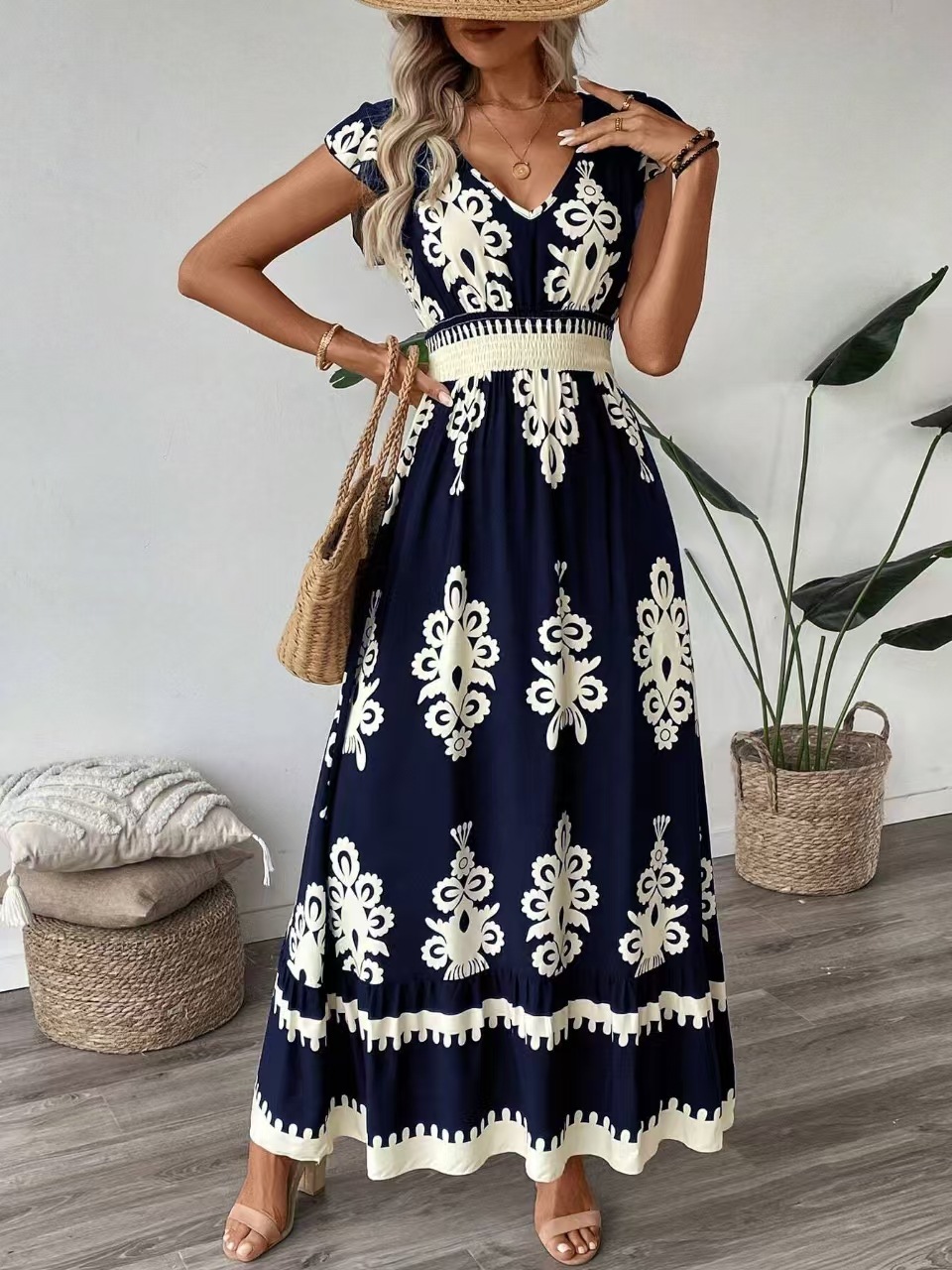 Women's Floral Print V-Neck Midi Dress with Waist Tie