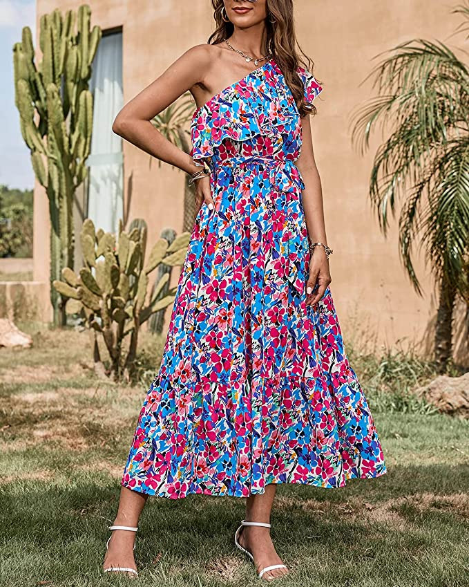 Women's One-Shoulder Sleeveless Boho Floral Print A-Line Maxi Dress