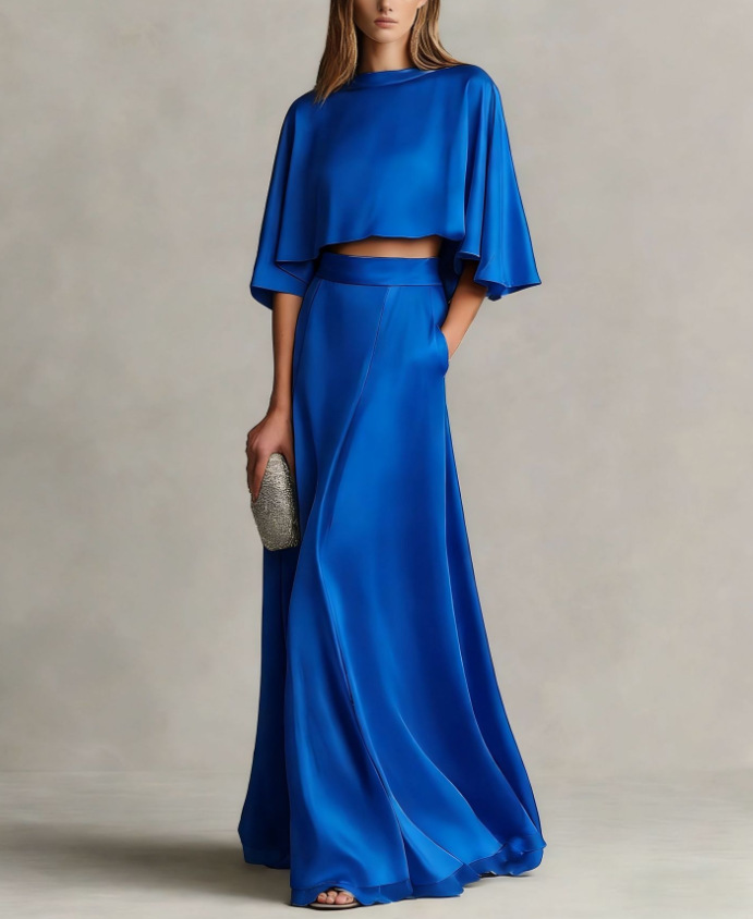 Women's Satin Cape-Sleeve Long Dress Set Elegant Luxury Style