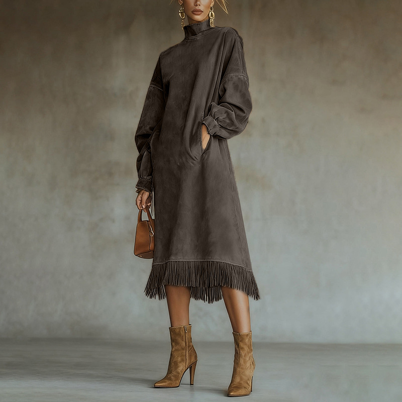 High Neck Faux Suede Loose Fringe Pocket Long Sleeve Dress
