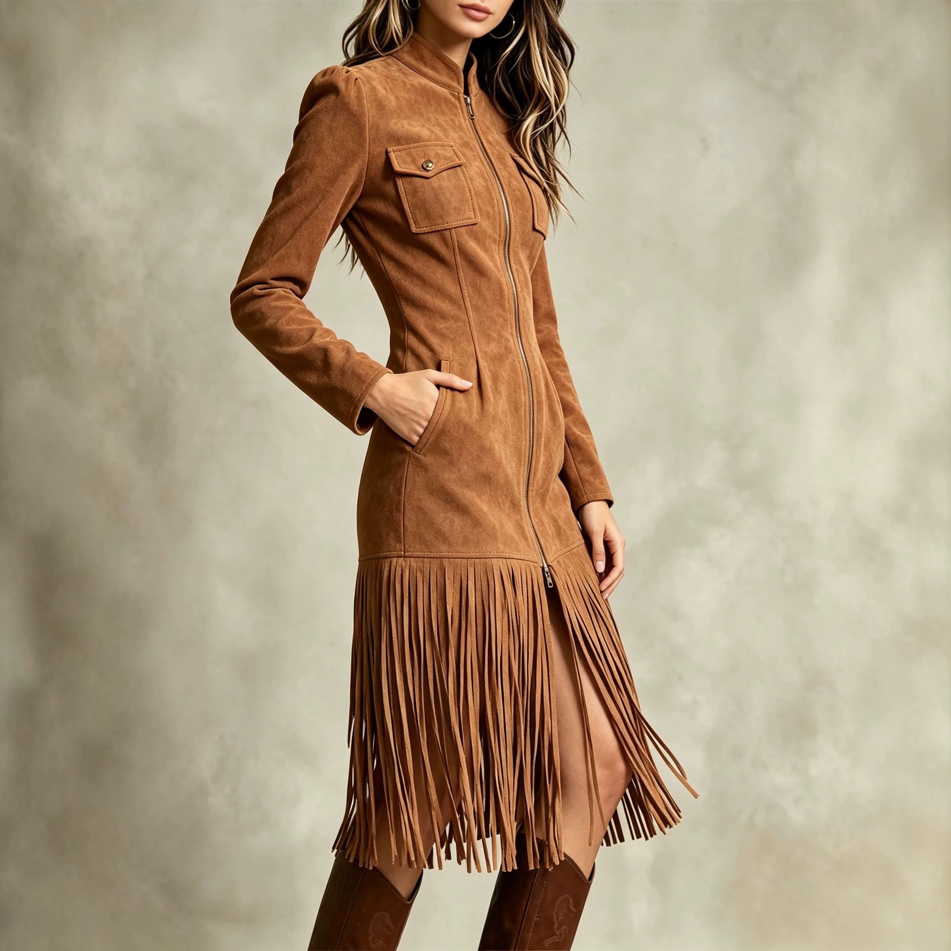 Retro Faux Suede Fringe Dress with Pockets and Zip Hem
