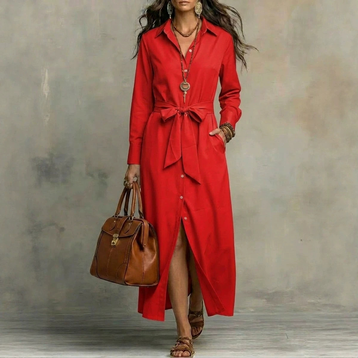 Women's Long Sleeve V-Neck A-Line Maxi Dress with Cardigan