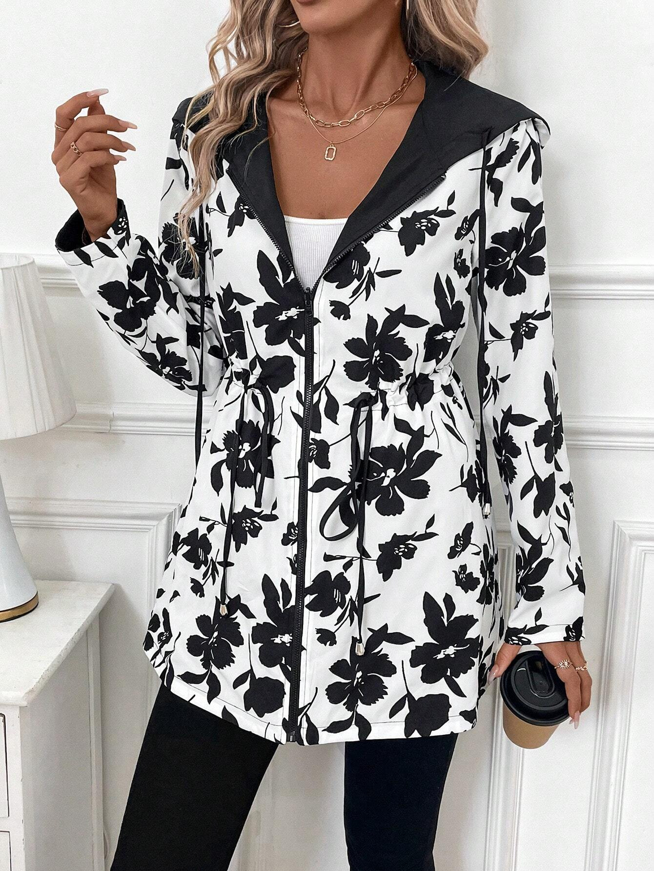Reversible Leopard Print Hooded Zip Jacket with Belt Long Sleeve