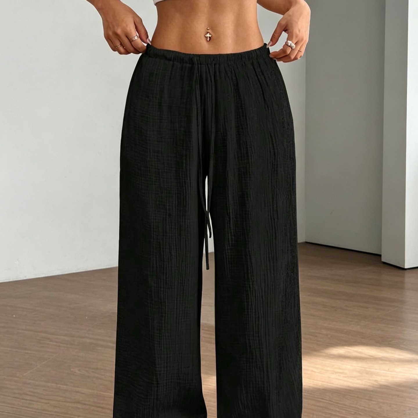Women's High-Waist Wide-Leg Pants with Drawstring, Solid Color, Polyester Blend