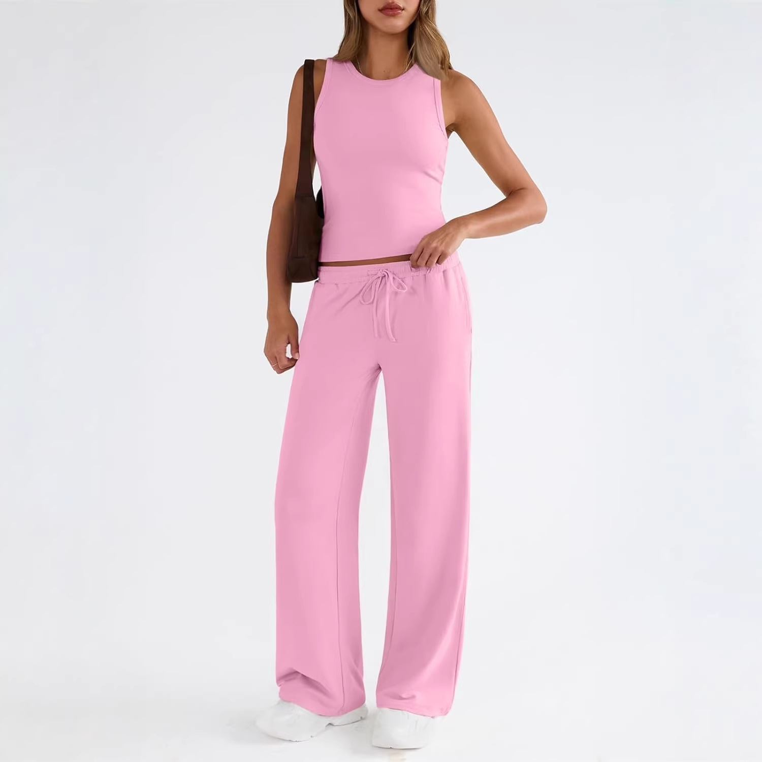 Solid Sleeveless Tank Top and High-Waist Wide-Leg Pants Set
