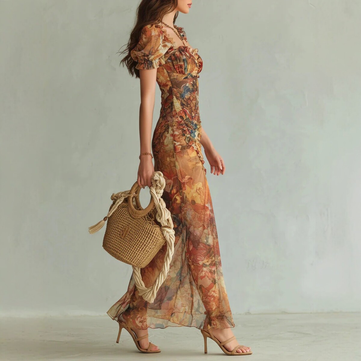 V-Neck Waist-Cinched Ruffle Midi Dress