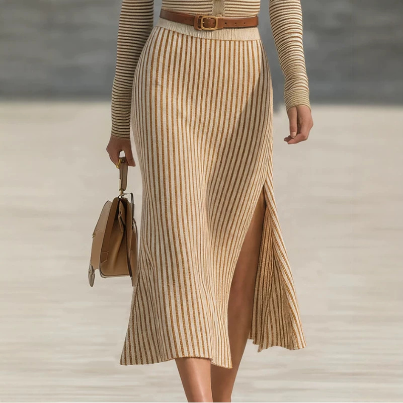 Retro Striped & Solid V-Neck Long-Sleeve Top and Skirt Set
