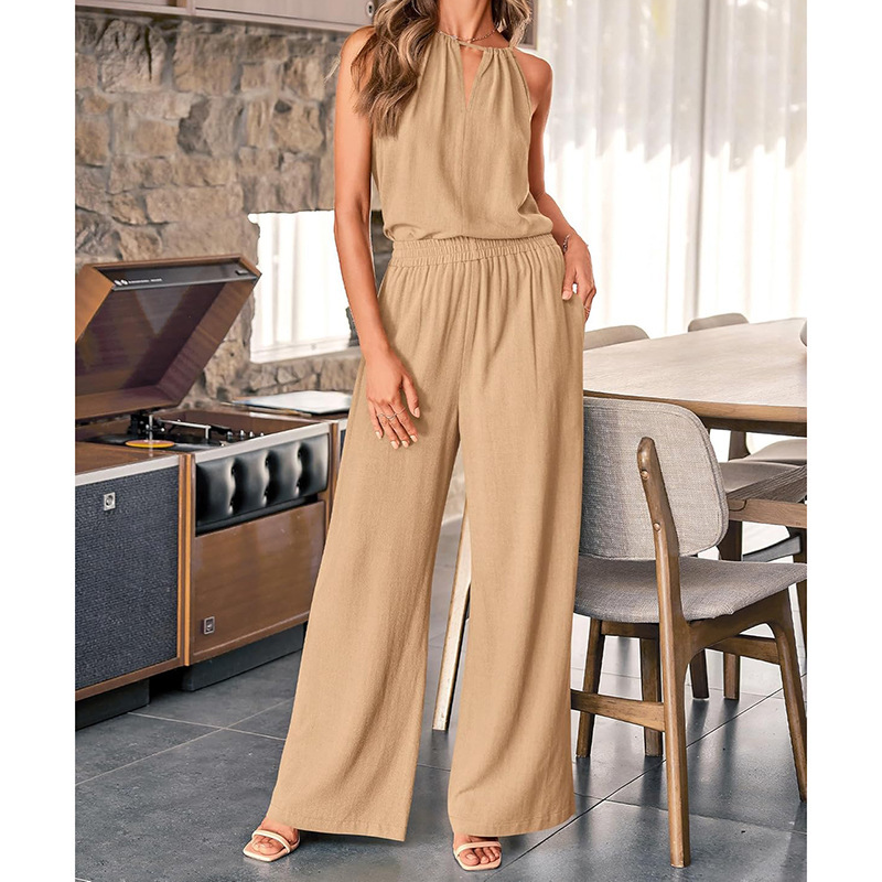 Women's Cutout Halter Top and Wide-Leg Pants Two-Piece Set