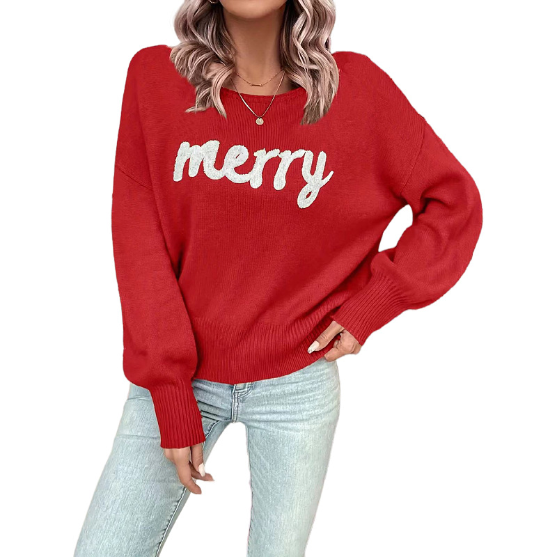 Christmas Crewneck Long Sleeve Pullover Knit Sweater for Women