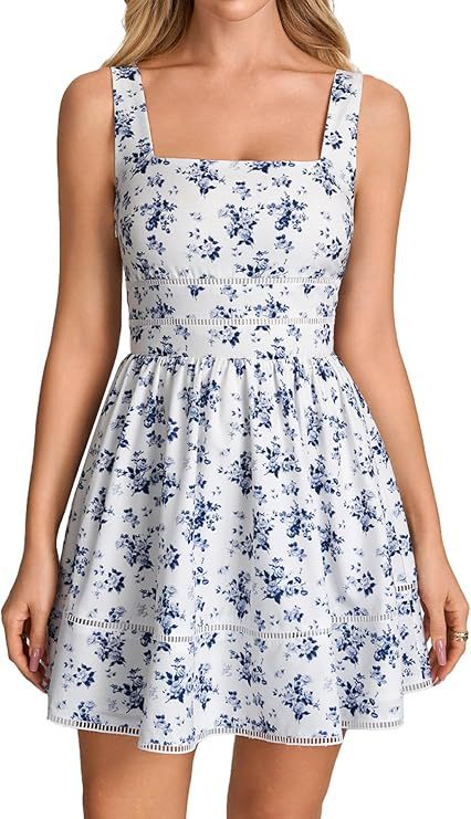 Women's Floral Square Neck Lace A-Line Mini Dress Sleeveless