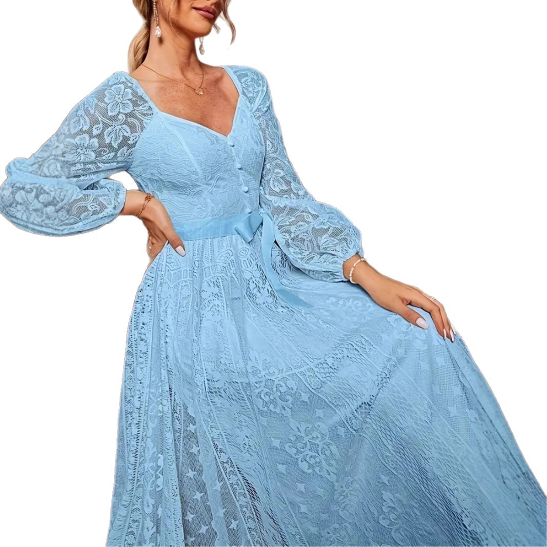 Elegant Vintage Lace V-Neck Long Sleeve A-Line Maxi Dress