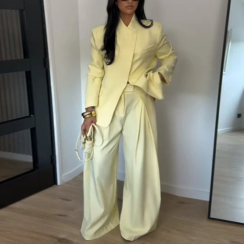 Women's Solid Color Blazer & Wide-Leg Pants Set
