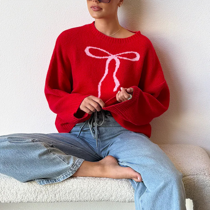 Women's Vintage Bow Jacquard Knit Sweater