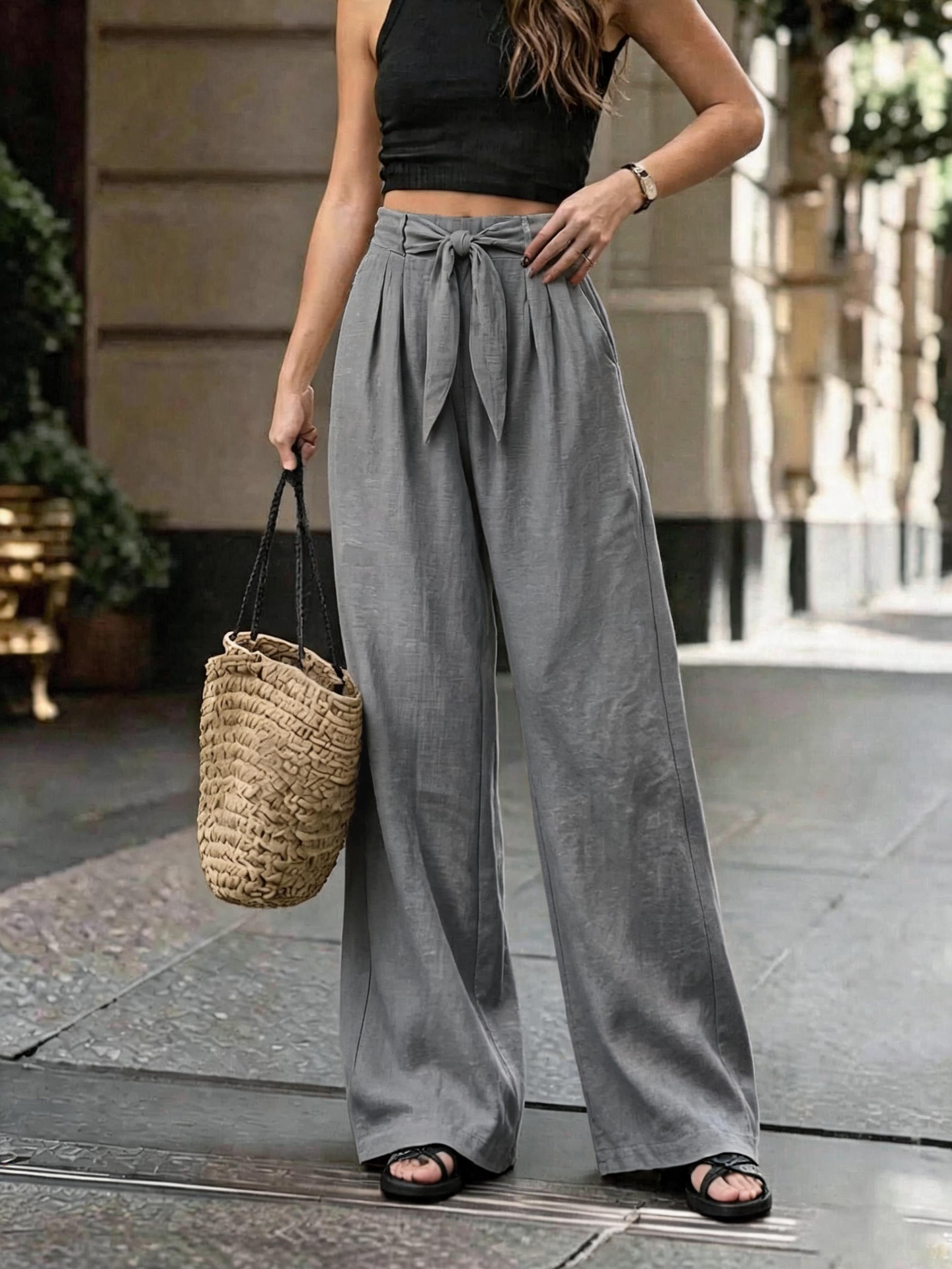 Faux Linen Wide-Leg Pants with Bow Tie Belt, Loose Solid Casual