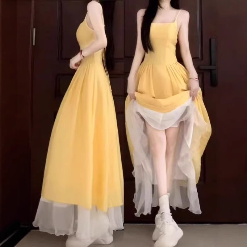 Yellow Sleeveless Midi Dress with Cinched Waist