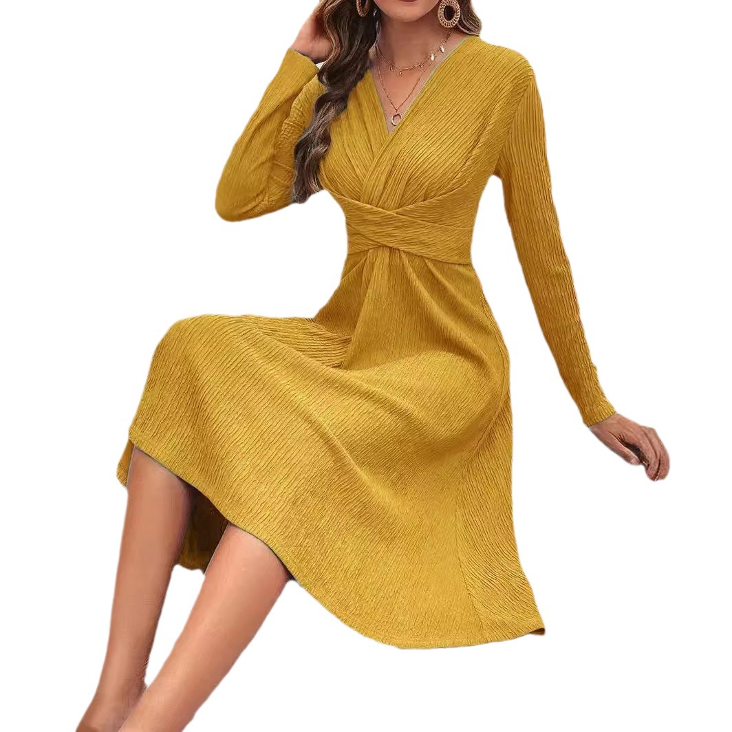 Women's V-Neck Solid Color Flowy Midi Dress Long Sleeve High Waist