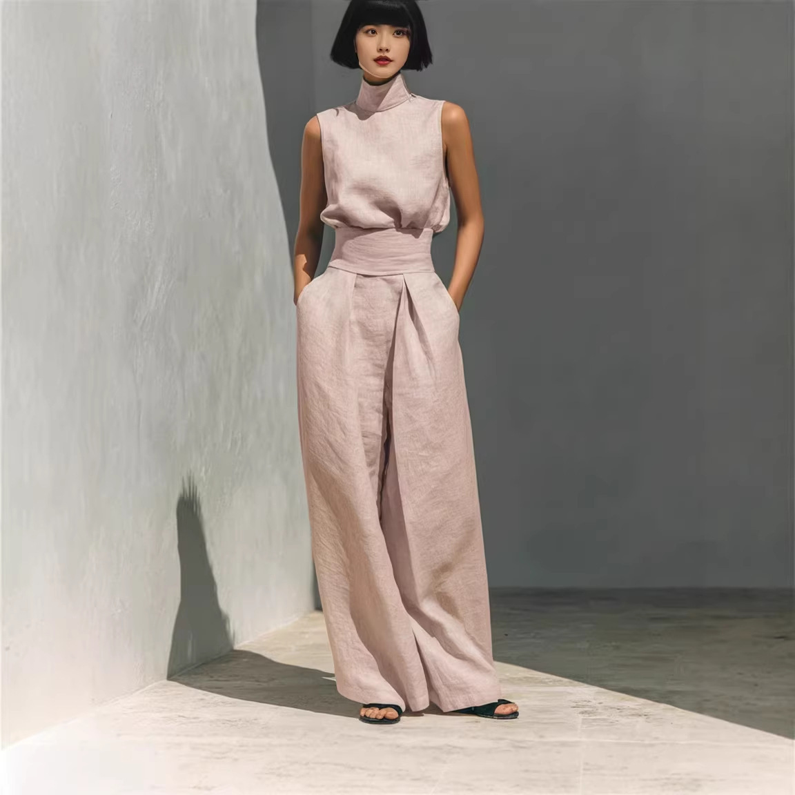 Cotton-Linen Sleeveless Top and Pants Casual Set