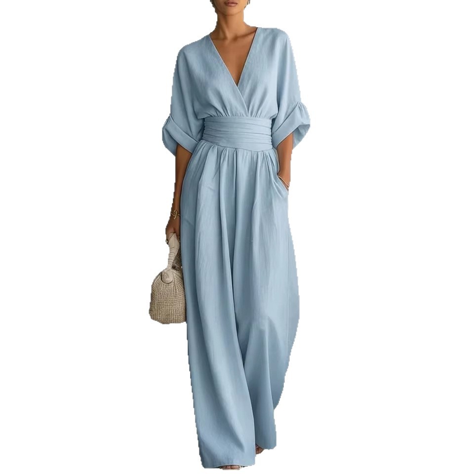 Elegant V-Neck Cinched Waist Wide-Leg Jumpsuit