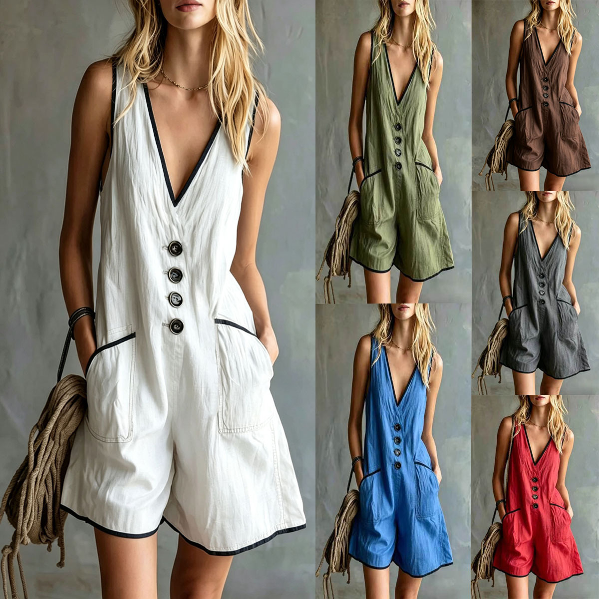 Women's Casual Loose Button Sleeveless Romper