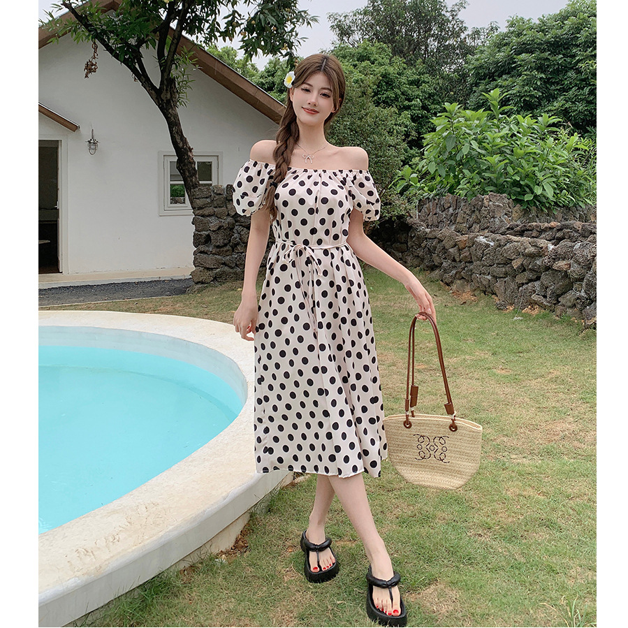 French-Style Polka Dot Puff Sleeve Midi Dress
